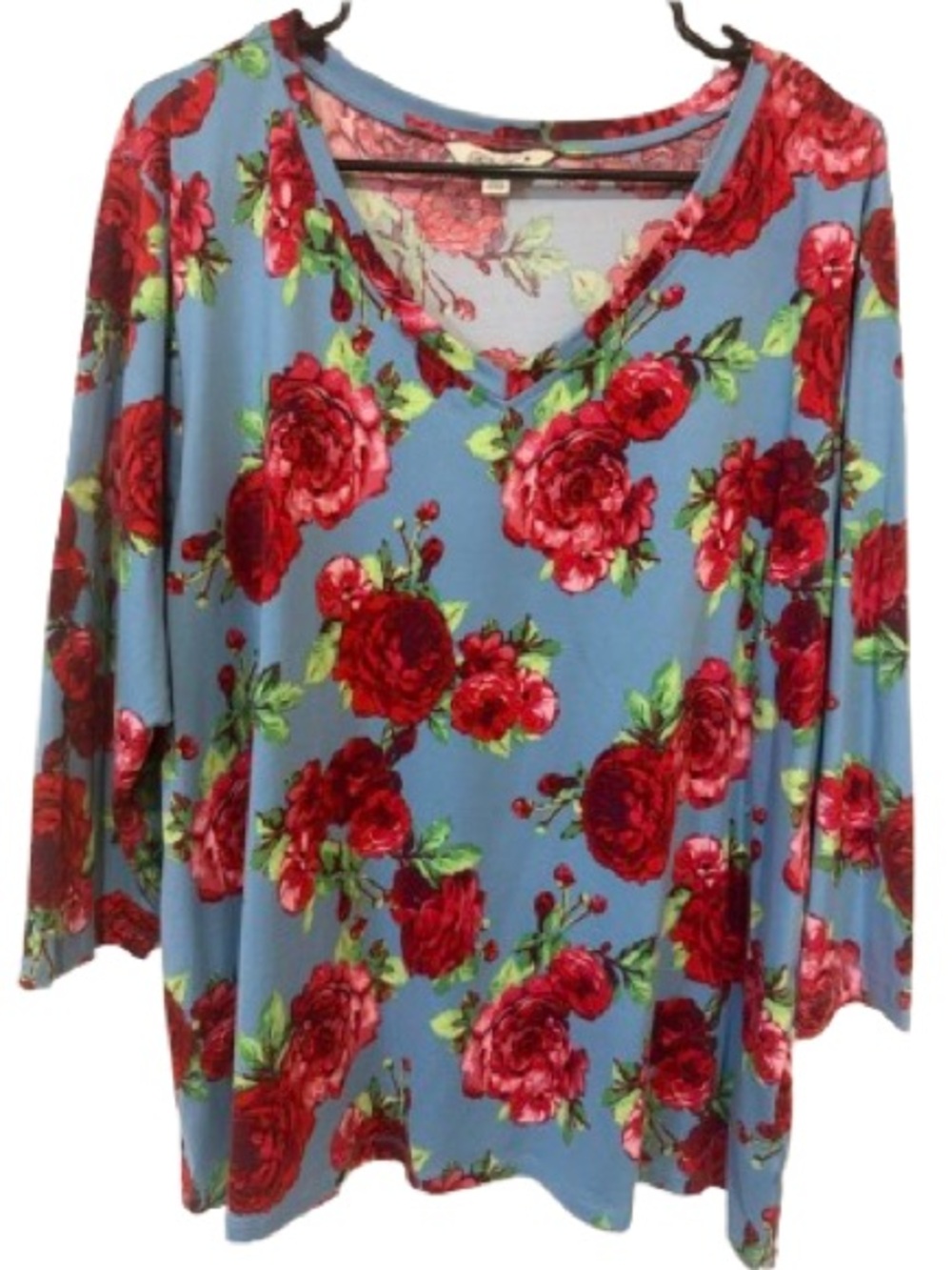 The Pioneer Woman Blue V-Neck Top with Red Rose Print